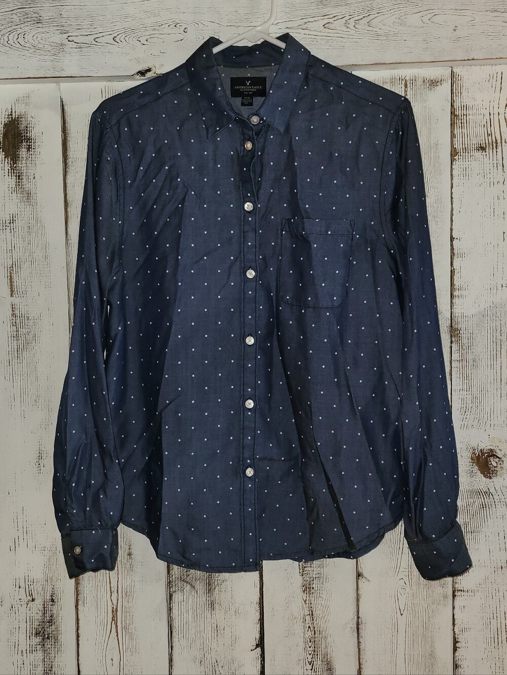 American Eagle Blue Button-Down Shirt with White Star Pattern (M)
